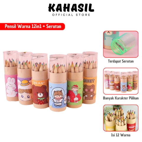 KAHASIL - Pensil Warna Lengkap 12in1 + Serutan Karakter Kemasan Tabung KMJ114